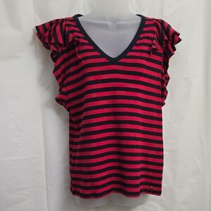 Tommy Hilfiger Solid Flutter-Sleeve Ruffle Top in a red/navy blue stripe Large